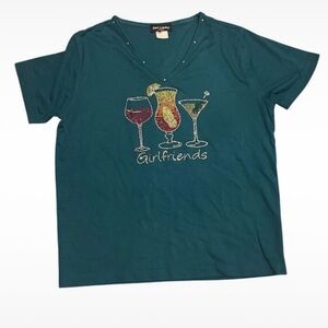 Get Lucky “Girlfriends” Rhinestone Tee – Size L – Y2K Going Out Top